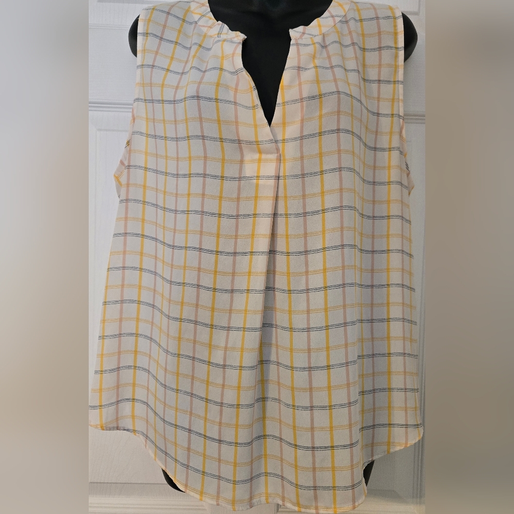 Loft Sleeveless Blouse Plaid Print Mixed Media Semi Sheer Front L